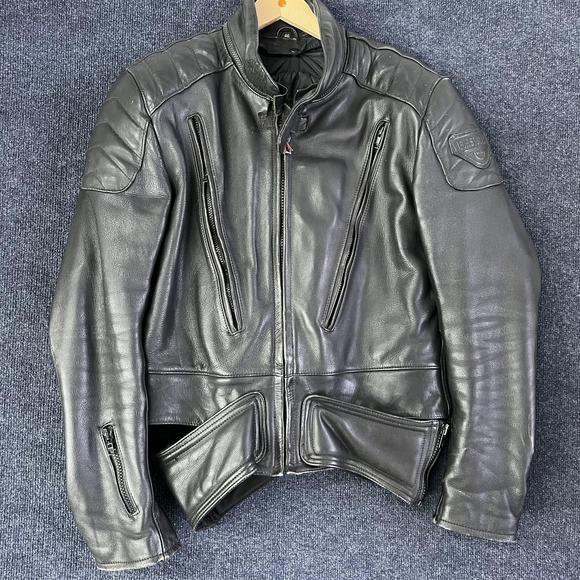 First Gear Jacket Mens 46 Black Leather Motorcycle Thermolite Padded Riding